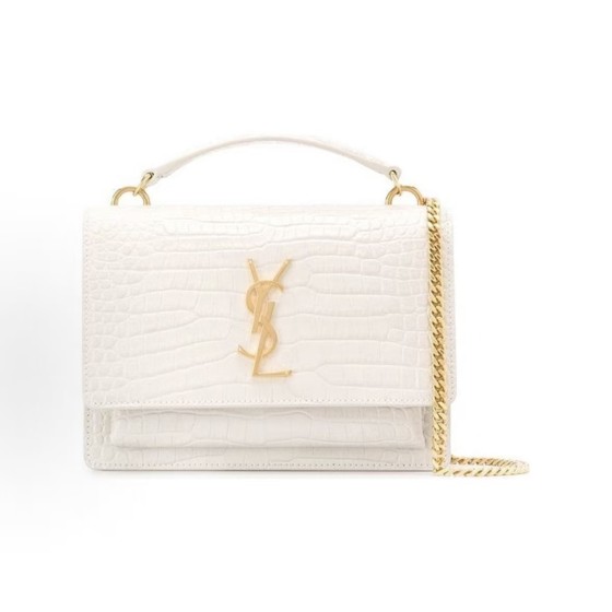 SAINT LAURENT YSL SUNSET Gold Logo, shiny crocodile embossed, magnetic clasp opening and closing sunset bag, chain bag, wallet, hand-held crossbody single-shoulder bag, regular women\'s style, white